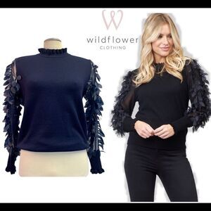 WILD Flower navy Leaf Mesh Sleeves Jumper Sz XS